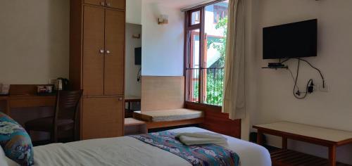 甘托克Hotel Ninamma的一间带床、电视和窗户的卧室