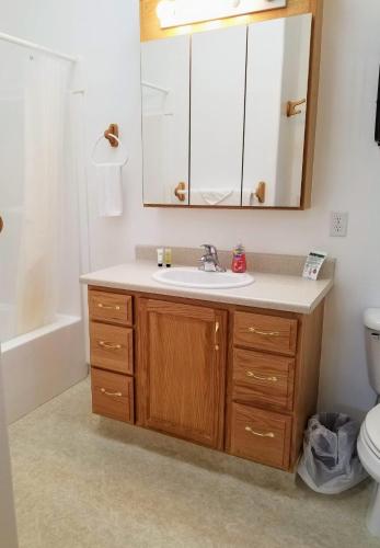 a bathroom with a sink and a mirror at Zion's Most Wanted Hotel in Hildale