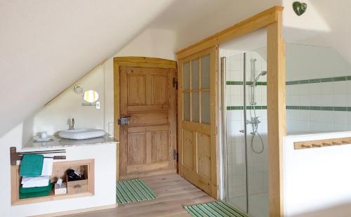 a bathroom with a shower and a sink at Sonnenhaus Grandl in Feldbach