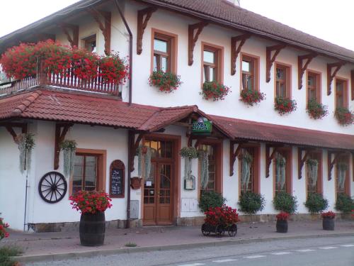 a building with flower boxes on the front of it at Penzion Restaurace u Helferů in Libuň