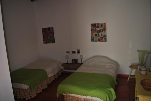 アルパリョンにあるCasa típica alentejanaのベッドルーム(緑のシーツを使用したベッド2台付)