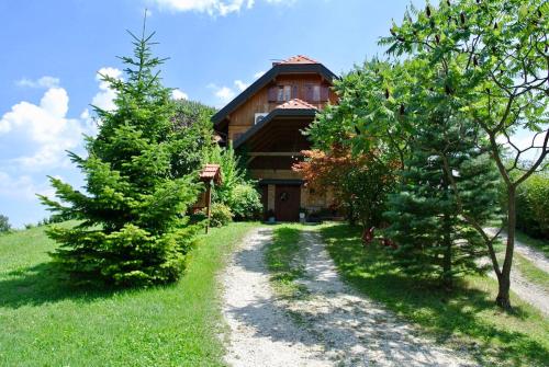 a log house with trees in front of it at Villa Botanica in Mirkovec
