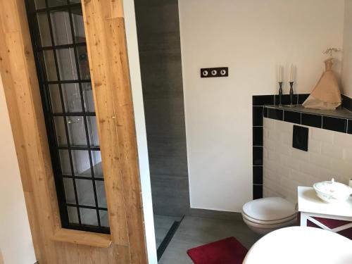 een badkamer met toilet en glazen deur bij Ferienwohnung Birkenwerder bei Berlin mit Terrasse und kleinem Garten in Birkenwerder