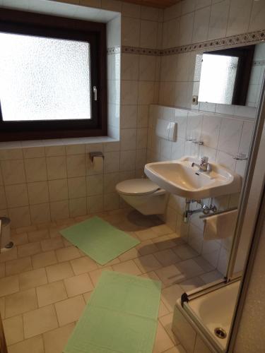 a bathroom with a sink and a toilet and a window at Haus Eberhard in Vent