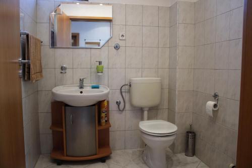 a bathroom with a sink and a toilet and a mirror at Ubytování Markéta in Perná