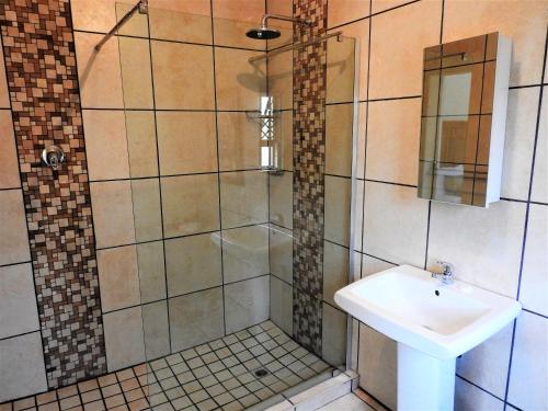 a bathroom with a shower and a sink at Ubuntu Bed and Breakfast in Marloth Park