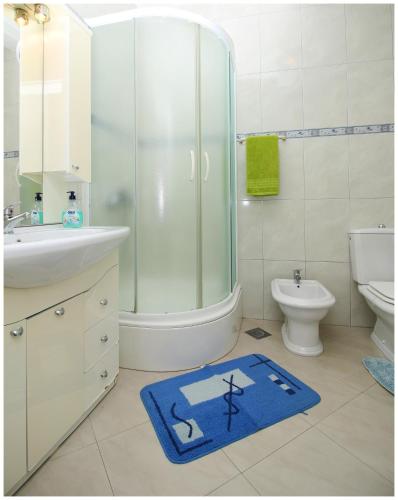 a bathroom with a shower and a blue rug at Apartments Ruža in Primošten