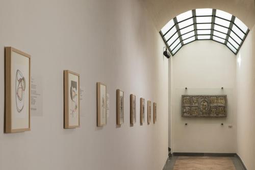 a group of framed pictures on a wall in a museum at Hotel Tiferno in Città di Castello