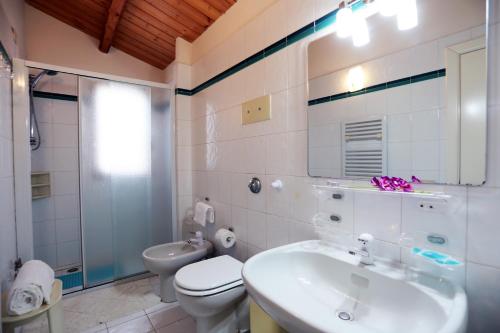 a bathroom with a sink and a toilet and a shower at La Rosa dei Venti - Casa Scicli in Cava dʼAliga