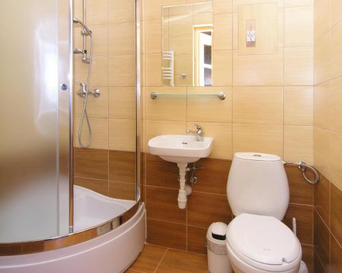 a bathroom with a toilet and a sink and a shower at Ośrodek Wczasowy Groń Placówka in Groń