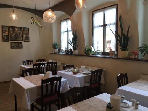 ein Restaurant mit weißen Tischen, Stühlen und Fenstern in der Unterkunft Hotel Alt Annaberg in Annaberg-Buchholz