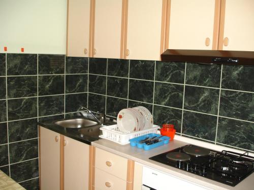 a kitchen with green tiles on the wall at Apartments Deželić in Cres