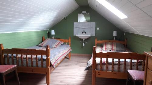 Duas camas num quarto verde com um lavatório em Meublé de tourisme em Oderen
