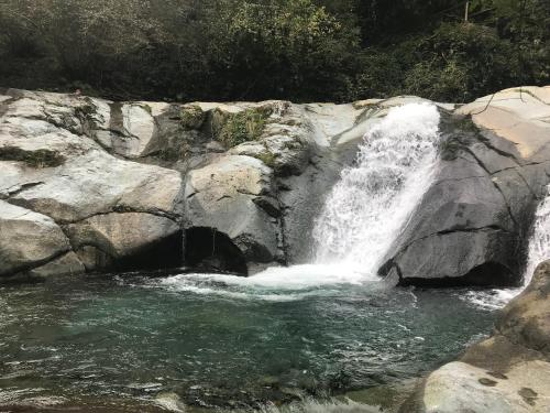 a waterfall on the side of a river at pınar kır evi in Artvin