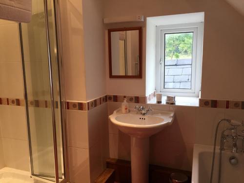 a bathroom with a sink and a glass shower at Llwyn Llwyd Cottage in Brecon