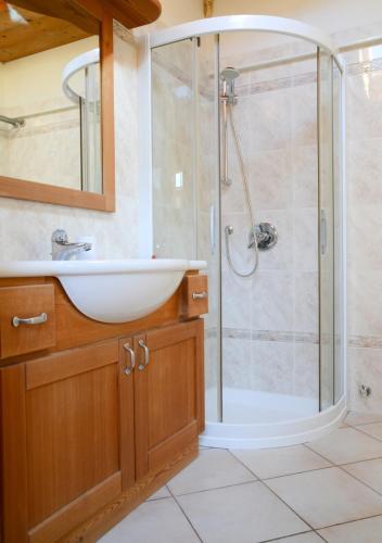 a bathroom with a sink and a shower at premesan2 in Bormio
