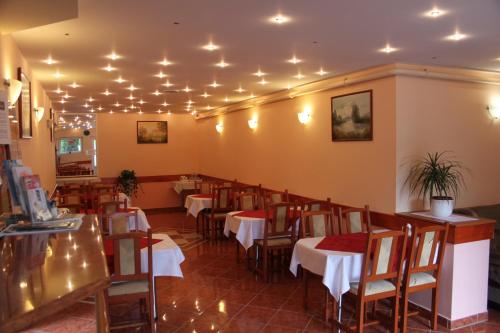 une salle à manger avec des tables, des chaises et des lumières dans l'établissement Blue Villa Appartement House, à Hévíz