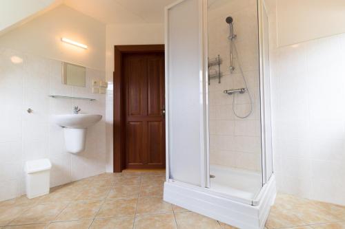 ein Bad mit einer Dusche und einem Waschbecken in der Unterkunft Holiday Villa Stupna in Vidochov