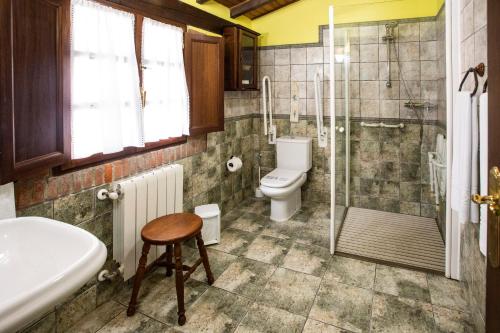 uma casa de banho com um WC, um chuveiro e um lavatório. em La Vega de Pendueles em Pendueles