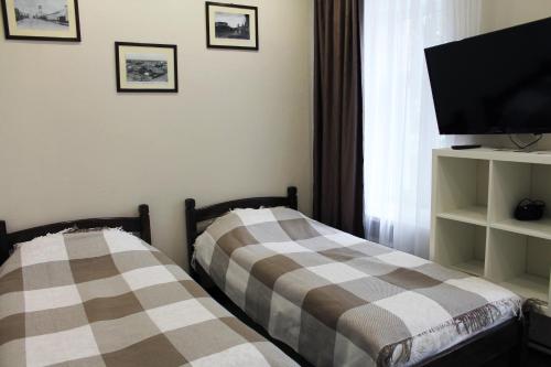 コロムナにあるКвартиры в доме купчихи Морозовойのテレビ付きの客室で、ベッド2台が備わります。