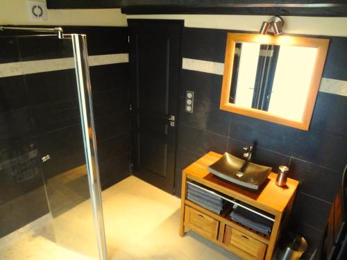 une salle de bain avec un lavabo, un miroir et une douche dans l'établissement Les Olives, à Uzès