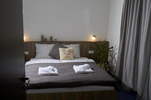 1 dormitorio con 1 cama con toallas en APARTMÁNY RYBNÍČEK, en Staré Město