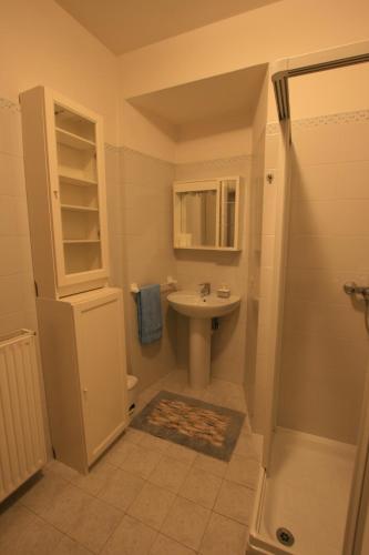 a small bathroom with a sink and a shower at Casa Milla in Tremezzo