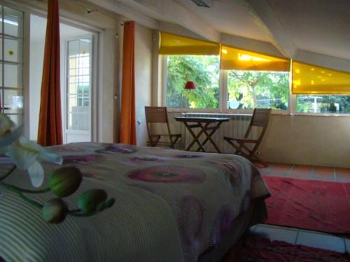 カステラーヌにあるLes Muguetsのベッドルーム1室(ベッド1台、テーブル、窓付)