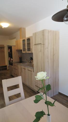 a white rose in a vase on a table in a kitchen at Club Rezidence Pod Lučí in Loučovice