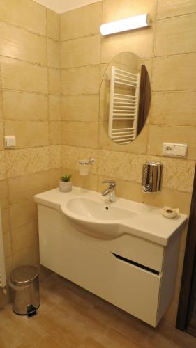 a bathroom with a white sink and a mirror at Club Rezidence Pod Lučí in Loučovice
