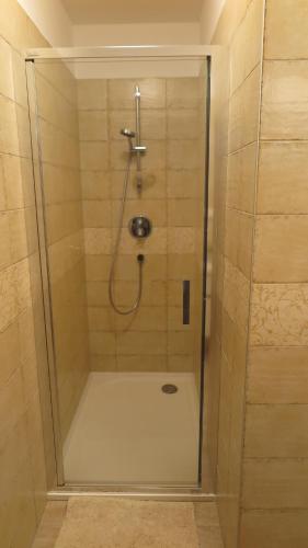 a shower with a glass door in a bathroom at Club Rezidence Pod Lučí in Loučovice