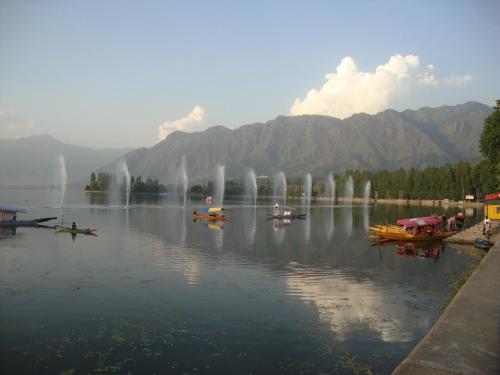 a group of boats on a lake with a fountain at Kashmir View group of Houseboat in Srinagar