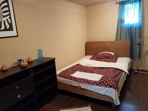 a small bedroom with a bed and a dresser at Szőke Tisza Vendégház in Szajol