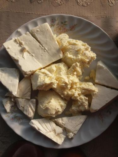 a plate of food with tofu on a table at Holiday Home Vila Milka in Kremna