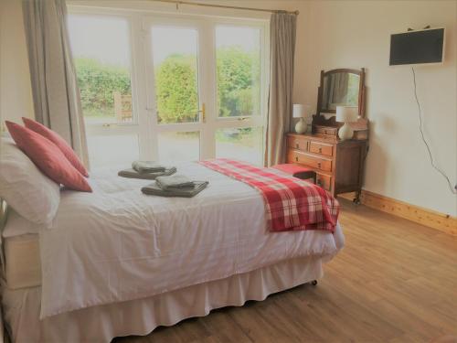 a bedroom with a bed and a dresser and a window at Maes y Môr in Llanarth