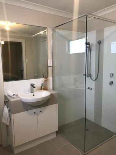 a bathroom with a sink and a glass shower at Nisus View in Albany