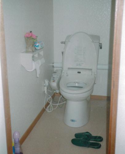 a bathroom with a white toilet in a room at Minshuku Mutsukari in Furano