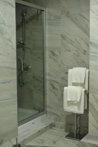 a shower with a glass door and a chair in a bathroom at ArkPalmira in Odesa