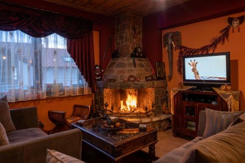 a living room with a fireplace and a television at Ξενώνας Οντάς και Spa in Arachova