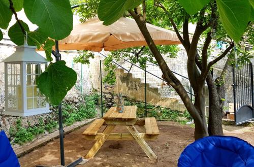 a picnic table under an umbrella next to a tree at Casa Rosa appartamento con giardino in Cetara
