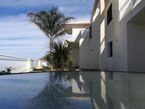uma piscina em frente a um edifício com uma palmeira em The best sea view in Madeira - Casa Farol em Fajã da Ovelha