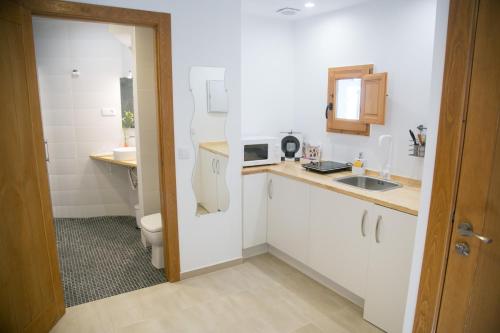 una pequeña cocina blanca con lavabo y aseo en Apartamentos Turísticos La Casa Vieja, en Sabiote