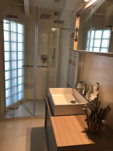 uma casa de banho com um lavatório e um chuveiro em B&B Borgo Marina em Bordighera