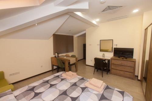 a room with a bed and a desk and a television at Sofia Family House - Free Parking in Sofia