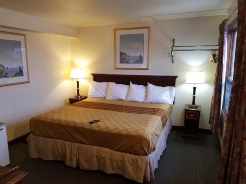 Habitación de hotel con 1 cama grande y 2 lámparas en Budget Inn And Suites Eagan, en Eagan
