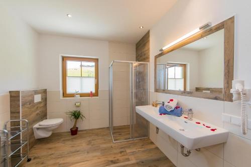 a bathroom with a sink and a shower and a toilet at Apartments Unterfischergut in Flachau