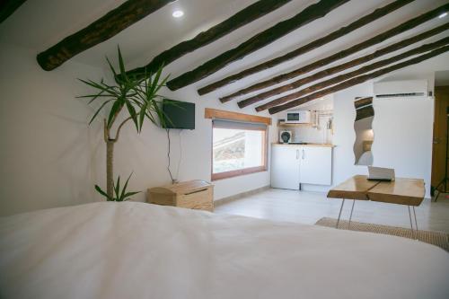 um quarto com uma cama e uma planta num quarto em Apartamentos Turísticos La Casa Vieja em Sabiote