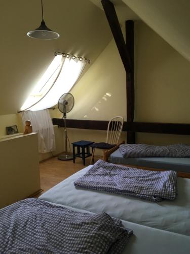 a bedroom with two beds and a large window at Fischer´s Häuschen in Straupitz