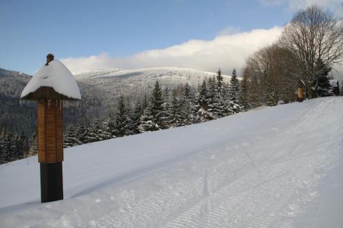 a snow covered ski slope with a pole in the snow at Hotel Hromovka in Špindlerův Mlýn