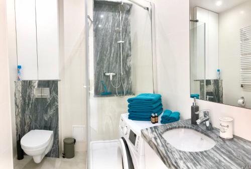 ビャウィストクにあるD&M Apart Malmeda 17のバスルーム(トイレ、洗面台、シャワー付)
